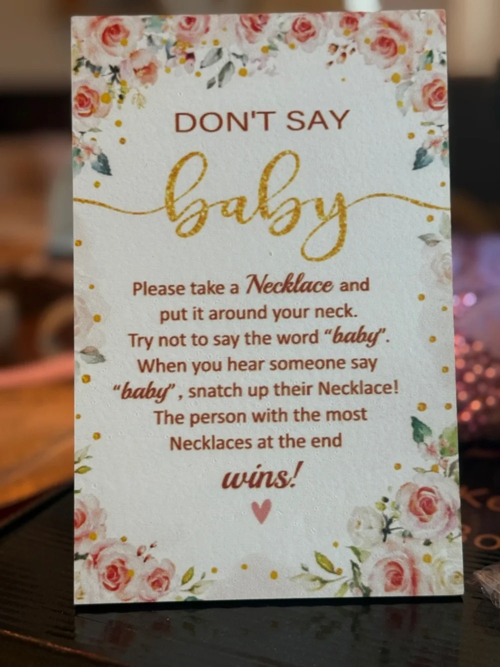 Don't Say Baby Game Sign - Floral Pink and Gold Baby Shower Party Favor